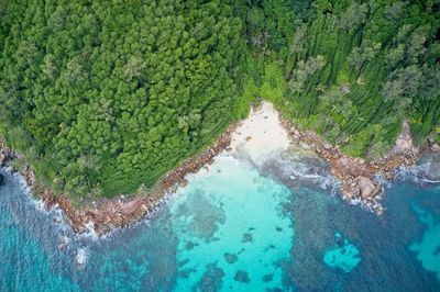 Drone field of view of turquoise blue waters and coastline of cliffs praslin seychelles.