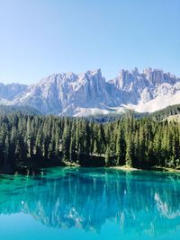 Scenic view of lake by mountains against clear sky