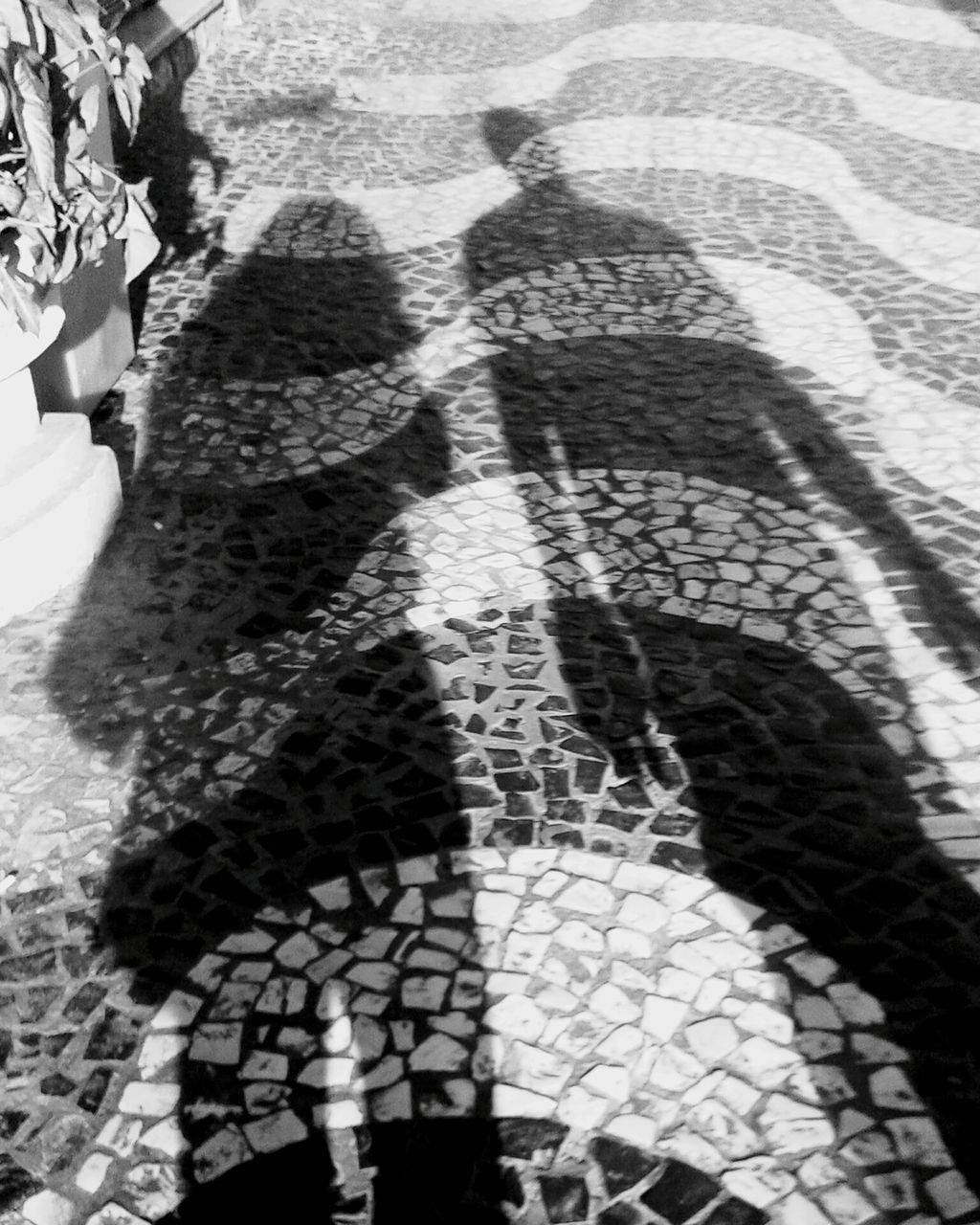shadow, cobblestone, pattern, sunlight, lifestyles, street, high angle view, footpath, person, unrecognizable person, day, low section, men, outdoors, leisure activity, paving stone, textured