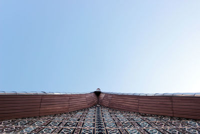 Low angle view of roof against clear blue sky