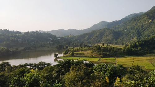 Scenic view of trees and mountains against sky