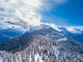 Aerial view of snowcapped mountains against sky