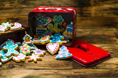 Close-up of multi colored candies on table