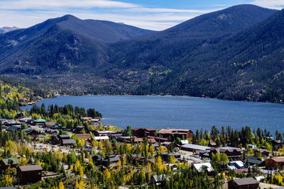 Scenic view of river by mountains against sky