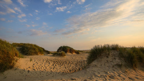 Scenic view of beach against sky during sunset