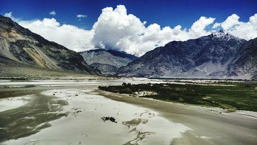 Scenic view of snowcapped mountains against sky