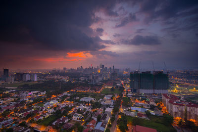 High angle view of kuala lumpur city at night