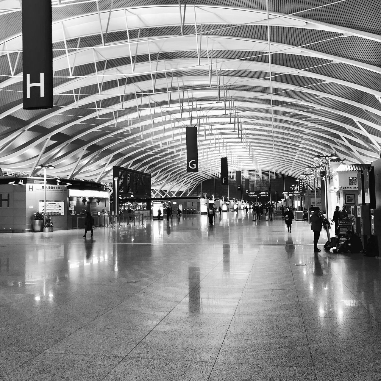 infrastructure, architecture, transportation, travel, airport terminal, black and white, indoors, group of people, monochrome, ceiling, built structure, mode of transportation, flooring, building, monochrome photography, large group of people, airport, public transportation, transport, railroad station, crowd, city, passenger, public transport, lifestyles, transportation building - type of building, walking, urban area, tile, tiled floor, train station, airport departure area, metro station, men, women, journey, travel destinations, illuminated, adult, rail transportation, city life, reflection, tourism, black