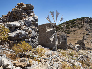 Windmills at seli ambelou on the mediterranean island of crete - greece