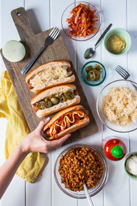 High angle view of food served on table