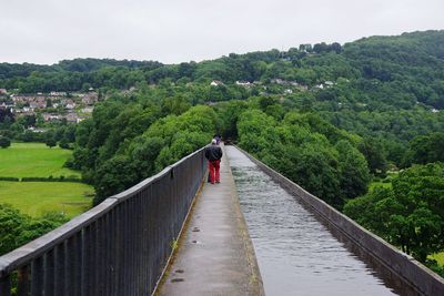 Rear view of woman on mountain against sky