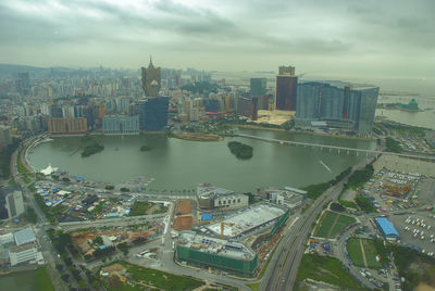 High angle view of buildings against sky in city