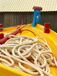 Close-up of multi colored rope on boat