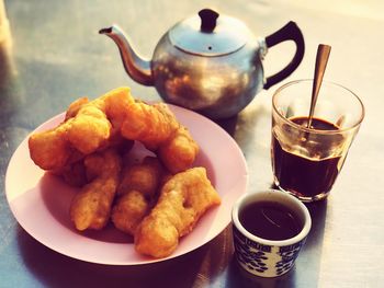 Close-up of breakfast served on table