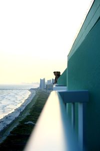 Man by sea against clear sky