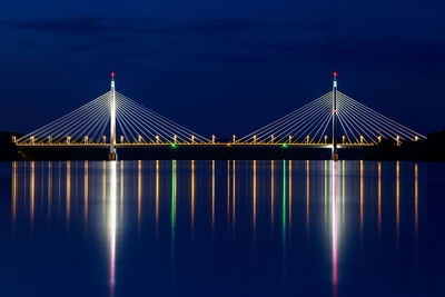 Bridge over river against blue sky at night
