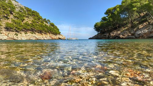 Scenic view of sea against clear blue sky