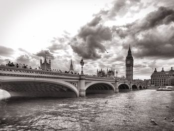 Bridge over river against cloudy sky