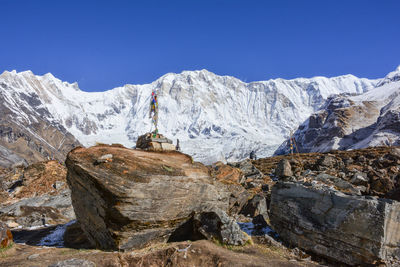 Scenic view of snowcapped mountains against clear blue sky