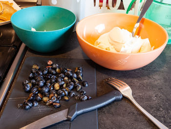 High angle view of fruits in bowl on table