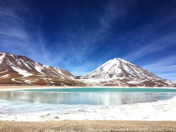 Scenic view of lake and snowcapped mountains against blue sky