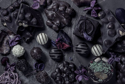 High angle view of purple roses on table
