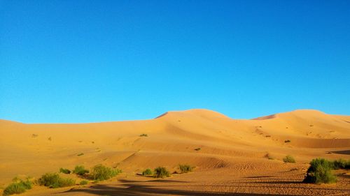 Scenic view of desert against clear blue sky