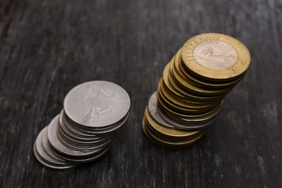 High angle view of coins on table