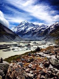 Scenic view of snow covered mountains