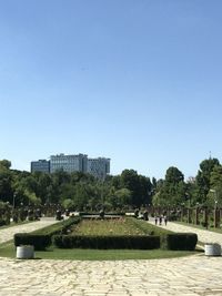 Park in city against clear blue sky