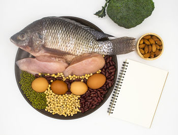 High angle view of eggs in plate