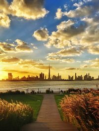 View of city at sunset