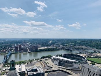 High angle view of river by buildings in city against sky