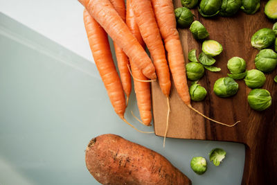 High angle view of vegetables on cutting board