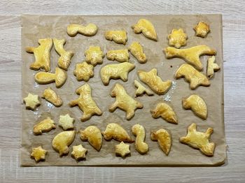 High angle view of cookies on table