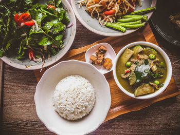 High angle view of meal served on table