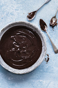 High angle view of chocolate cake in plate on table