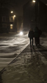 Rear view of people walking on illuminated street at night