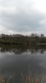 Scenic view of calm lake against cloudy sky