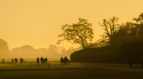 Group of silhouette people on countryside landscape