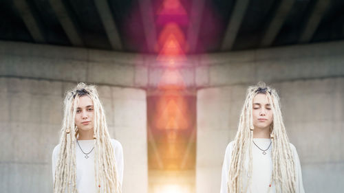 Multiple image of young woman with dreadlocks standing against wall