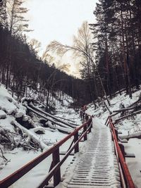 Snow covered footbridge against sky