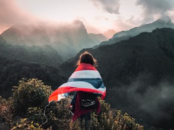 Rear view of man looking at mountains against sky