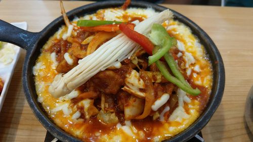 High angle view of meal served on table