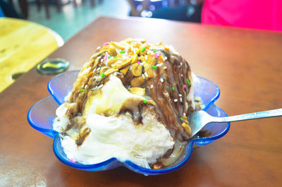 Close-up of dessert served on table
