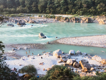 High angle view of rocks on beach