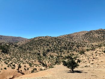 Scenic view of desert against clear blue sky