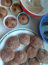 High angle view of breakfast on table