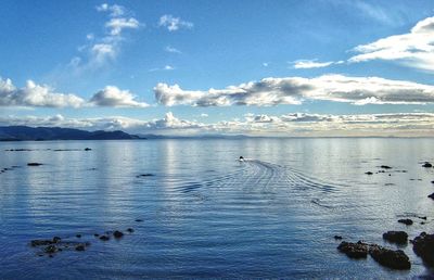 Scenic view of lake against cloudy sky