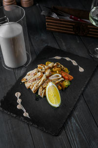 High angle view of food served on table